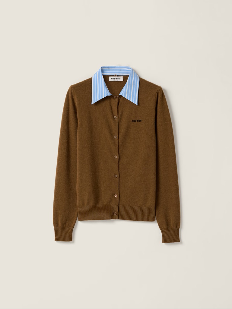 Miu Miu Brown Cashmere Cardigan With Removable Blue Stripe Collar